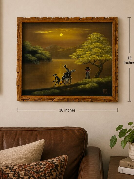 None Other - Satin/Cloth Painting mountain moonlight lantern Painting Signed 18" X 15"